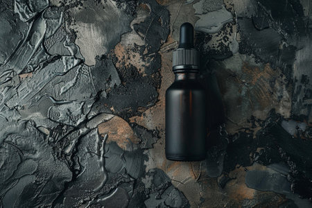 Black glass dropper bottle with cosmetic oil on black textured backgroundの写真素材