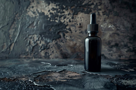 Cosmetic bottle with dropper on dark background. Selective focus.