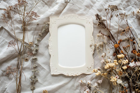 Vintage photo frame with dry flowers on bed. Flat lay.