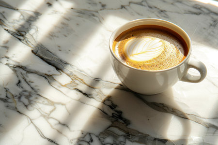 Coffee cup with latte art on white marble table.