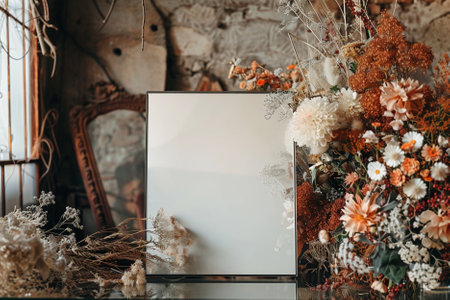 Blank white photo frame mockup with dry flowers in glass vase on wooden table