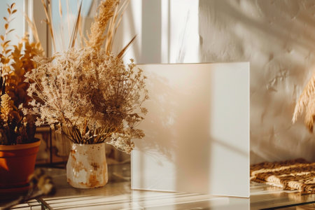 Mock up frame with dried flowers in a vase on the tableの写真素材