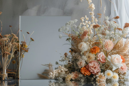 Bouquet of dried flowers in vase on the mirror tableの写真素材