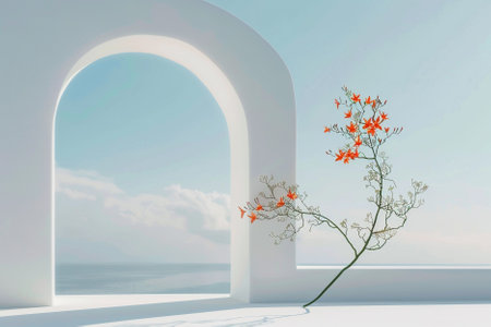 3D illustration of a white room with a large arch and a flowerの写真素材