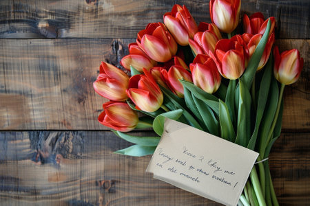 Bouquet of red tulips and a greeting card on a wooden backgroundの写真素材