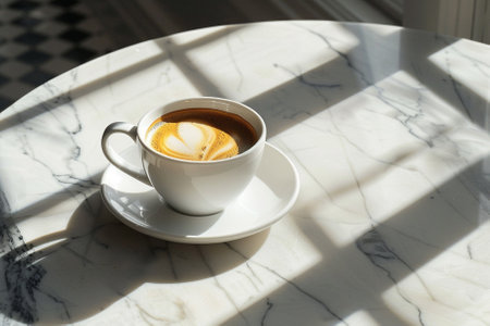Cup of coffee on white marble table in sunlight, stock photoの写真素材
