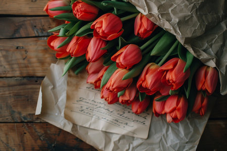Bouquet of red tulips on a rustic wooden backgroundの写真素材