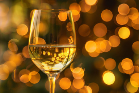 Glass of white wine against bokeh lights background. Christmas and New Year holidays conceptの写真素材
