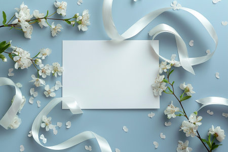 Blank greeting card with white flowers and ribbons on blue background