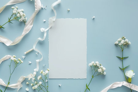 Flowers composition. Frame made of gypsophila flowers, ribbons on pastel blue background. Flat lay, top view, copy spaceの写真素材
