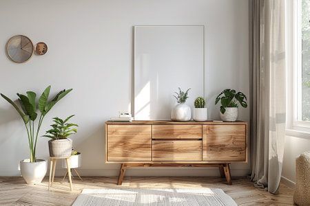 Interior of modern living room with white walls, wooden chest of drawers, round mirror and plants in...