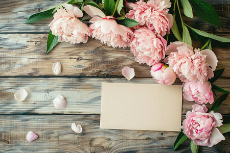 Beautiful peony flowers on wooden background. Flat lay, top viewの写真素材