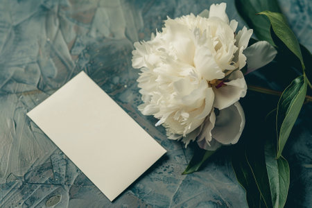 Beautiful peony flowers with blank card on textured background.