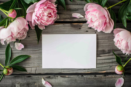Beautiful peony flowers with blank paper card on old wooden backgroundの写真素材