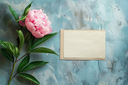 Beautiful peony flowers and blank card on blue textured backgroundの写真素材