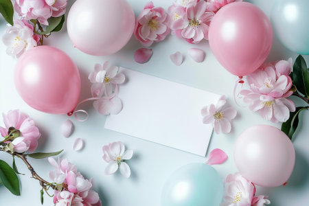 Flat lay composition with pink balloons, flowers and card on white backgroundの写真素材