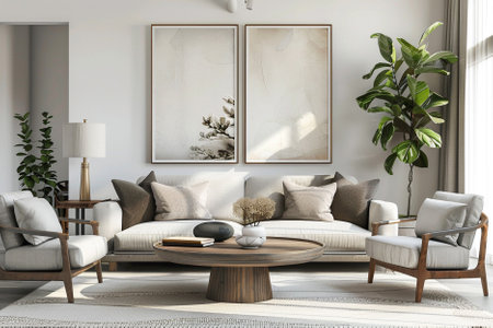 interior with grey sofa, coffee table and plants 3d render