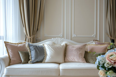 classic sofa with set of pillows in living room, interior designの写真素材