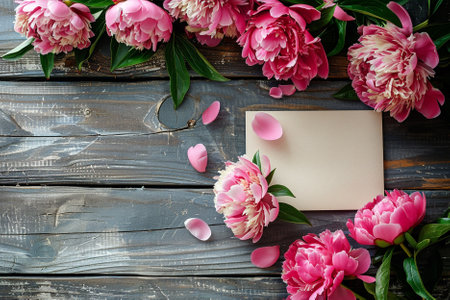 pink peony flowers and blank card on rustic wooden backgroundの写真素材
