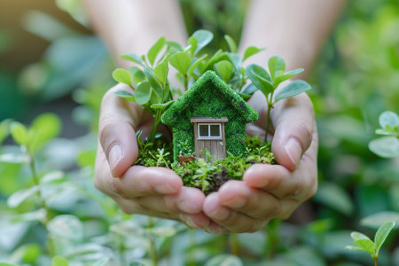 Woman hands holding small green house model in the garden. Eco concept.の写真素材