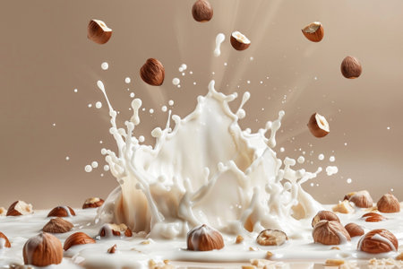 splashing milk with hazelnuts and almonds on beige backgroundの写真素材