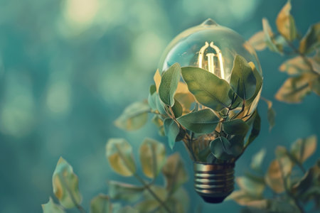 Vintage light bulb with green leaves on blue background, eco conceptの写真素材