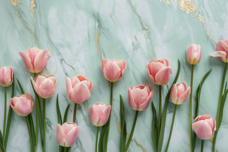Pink tulips on turquoise marble background. Flat lay, top viewの写真素材