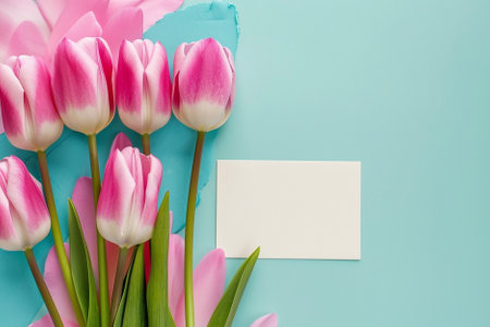 Top view of pink tulips and blank card on blue background with copy spaceの写真素材