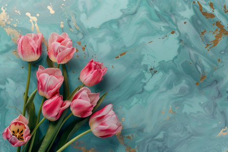 Pink tulips on turquoise marble background. Top view with copy space