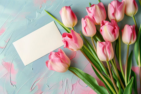 Bouquet of pink tulips and greeting card on a blue backgroundの写真素材