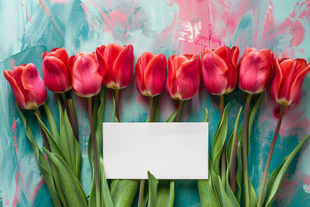 top view of red tulips with blank card on turquoise backgroundの写真素材