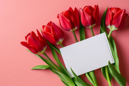 Bouquet of red tulips with white card on pink backgroundの写真素材