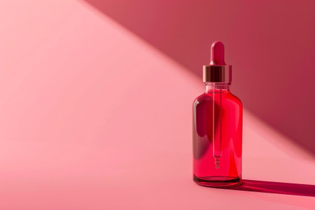 Red glass dropper bottle with pipette on pink background with shadowsの写真素材
