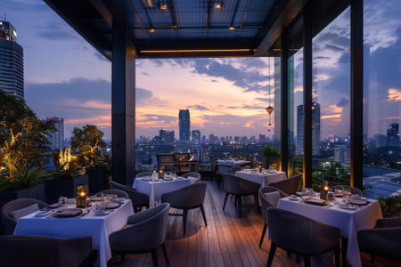 Luxury restaurant in Bangkok, Thailand. Beautiful sunset and cityscape.の写真素材