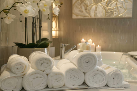 towels in the bathroom with burning candles and orchidsの写真素材