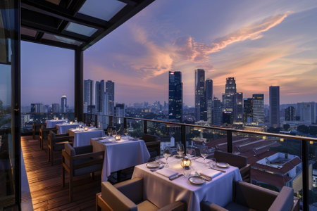 Luxury restaurant in the city at sunset, Bangkok, Thailandの写真素材