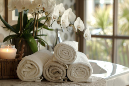Towels and candle on table in spa salon, closeupの写真素材