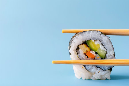Sushi rolls with chopsticks on blue background. Copy space.