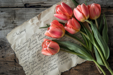 Bouquet of pink tulips on a rustic wood backgroundの写真素材