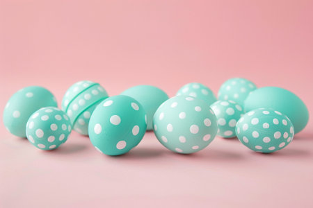 Blue polka dot easter eggs on pastel pink background.