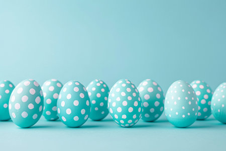 Easter eggs with polka dots on blue background with copy spaceの写真素材
