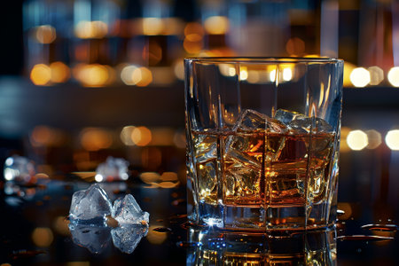 Whiskey on the rocks with ice cubes in a bar.の写真素材