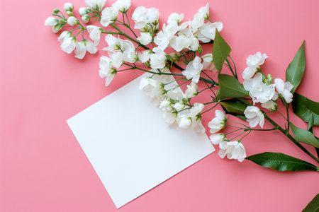 White flowers on pink background. Flat lay, top view, copy spaceの写真素材