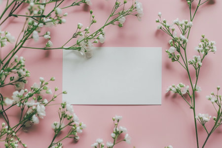 Flowers composition. White gypsophila flowers on pastel pink background. Flat lay, top view, copy spaceの写真素材