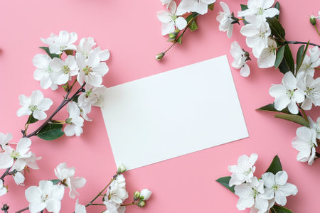 Blossoming branch of cherry on pink background. Flat lay, top viewの写真素材