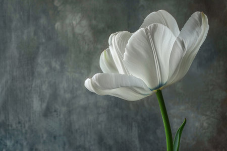 White tulip on a dark background. Place for your text.の写真素材