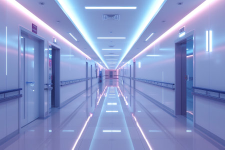 3d render of corridor with neon lights in modern office building.の写真素材