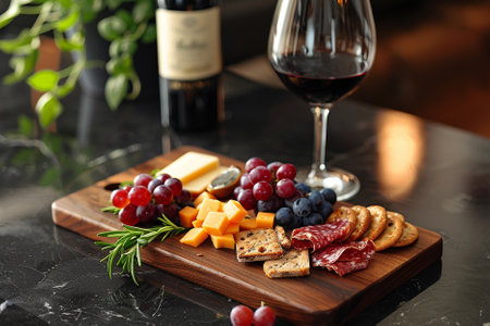 Wooden board with tasty snacks and wine on table, closeup