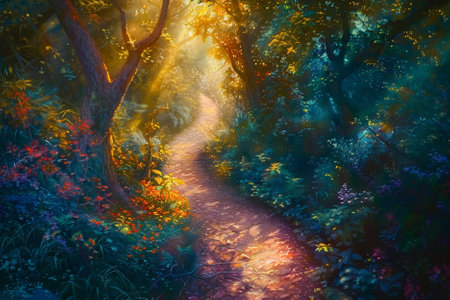 Beautiful autumn landscape with a path in the forest. Colorful foliage.の写真素材