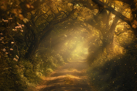 Path in the forest with sun rays passing through the trees and leaves